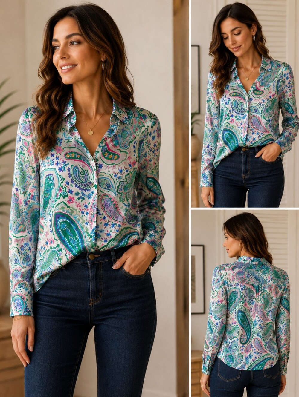 Zara Woman Silky Paisley Button Front Blouse Size Medium Colorful Long Sleeve